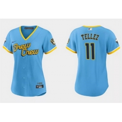 Women Milwaukee Brewers 11 Rowdy Tellez 2022 Powder Blue City Connect Cool Base Stitched Jersey  Run Small