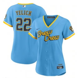 Women Milwaukee Brewers 22 Christian Yelich 2022 Powder Blue City Connect Cool Base Stitched Jersey