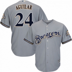 Youth Majestic Milwaukee Brewers 24 Jesus Aguilar Replica Grey Road Cool Base MLB Jersey 