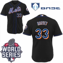 Mens Majestic New York Mets 33 Matt Harvey Replica Black Cool Base 2015 World Series MLB Jersey