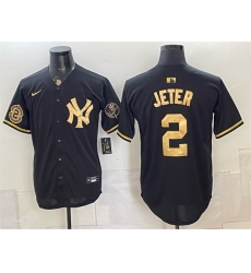 Men New York Yankees  2 Derek Jeter Black Gold With Patch Stitched Baseball Jersey