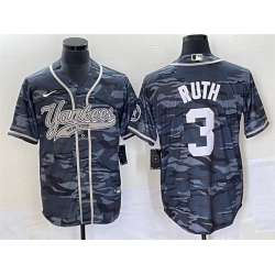 Men New York Yankees 3 Babe Ruth Gray Camo With Patch Cool Base Stitched Baseball Jersey