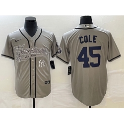 Men New York Yankees 45 Gerrit Cole Gray With Patch Cool Base Stitched Baseball Jersey