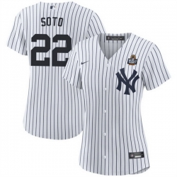 Women New York Yankees 22 Juan Soto White 2024 World Series With Name Cool Base Stitched Baseball Jersey