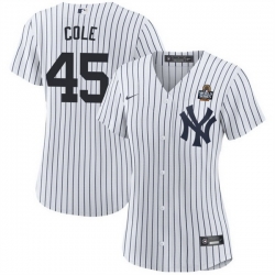 Women New York Yankees 45 Gerrit Cole White 2024 World Series With Name Cool Base Stitched Baseball Jersey