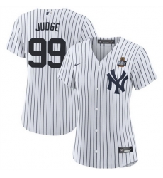 Women New York Yankees 99 Aaron Judge White 2024 World Series With Name Cool Base Stitched Baseball Jersey