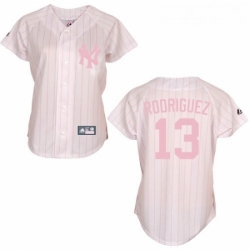 Womens Majestic New York Yankees 13 Alex Rodriguez Authentic WhitePink Strip MLB Jersey