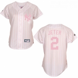 Womens Majestic New York Yankees 2 Derek Jeter Authentic WhitePink Strip MLB Jersey