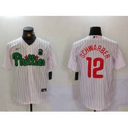 Men Philadelphia Phillies 12 Kyle Schwarber White Green Cool Base Stitched Jersey 2