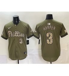 Men Philadelphia Phillies  3 Bryce Harper Olive 2026 Armed Forces Day Stitched Baseball Jersey