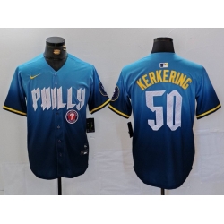 Men Philadelphia Phillies 50 Orion Kerkering Blue 2024 City Connect Limited Stitched Jersey 3