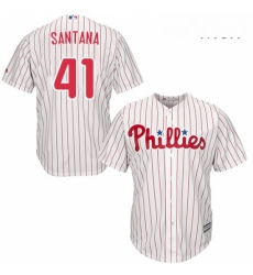 Mens Majestic Philadelphia Phillies 41 Carlos Santana Replica WhiteRed Strip Home Cool Base MLB Jersey 