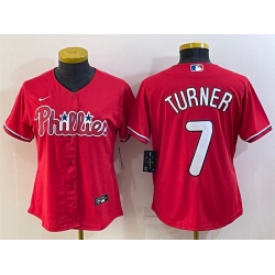 Women Philadelphia Phillies 7 Trea Turner Red Cool Base Stitched Baseball Jersey