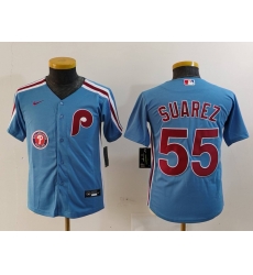 Youth Philadelphia Phillies 55 Ranger Suarez Blue Cool Base Stitched Baseball Jersey 1