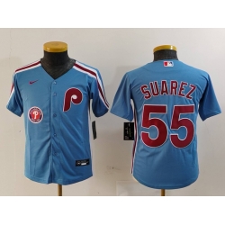 Youth Philadelphia Phillies 55 Ranger Suarez Blue Cool Base Stitched Baseball Jersey 1