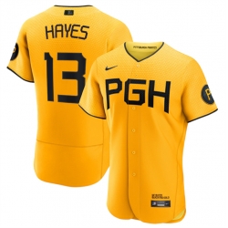 Men Pittsburgh Pirates 13 Ke 27Bryan Hayes Gold 2023 City Connect Flex Base Stitched Jersey