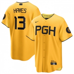 Men Pittsburgh Pirates 13 Ke 27Bryan Hayes Gold 2023 City Connect Stitched Jersey