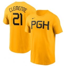 Men Pittsburgh Pirates 21 Roberto Clemente Gold 2023 City Connect Name  26 Number T Shirt