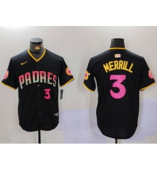 Men San Diego Padres 3 Jackson Merrill Black Cool Base Stitched Baseball Jersey 011