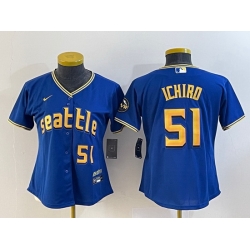 Women Seattle Mariners 51 Ichiro Suzuki Royal 2023 City Connect With Patch Stitched Baseball Jersey