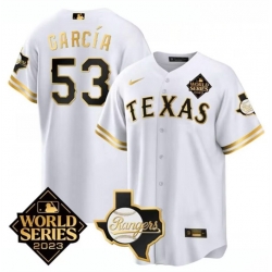 Men Texas Rangers  26 Cowboys 53 Adolis Garc EDa White 2023 World Series Splite Stitched Baseball Jersey