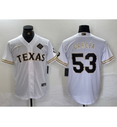 Men Texas Rangers 53 Adolis Garcia White Gold Cool Base Stitched Baseball Jersey