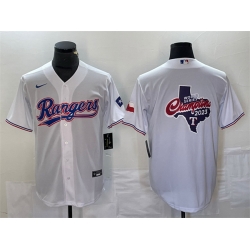 Men Texas Rangers White 2023 World Series Champions Big Logo With Patch Cool Base Stitched Baseball Jersey