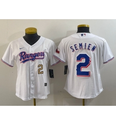 Women Texas Rangers 2 Marcus Semien White Gold Cool Base Stitched Baseball Jersey 1