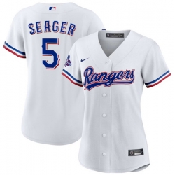 Women Texas Rangers 5 Corey Seager White 2023 World Series Champions Stitched Baseball Jersey 28Run Small 29