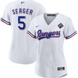 Women Texas Rangers 5 Corey Seager White 2023 World Series Stitched Baseball Jersey 28Run Small 29