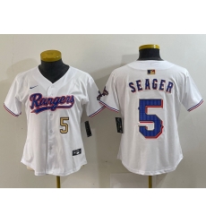 Women Texas Rangers 5 Corey Seager White Gold Stitched Baseball Jersey 1