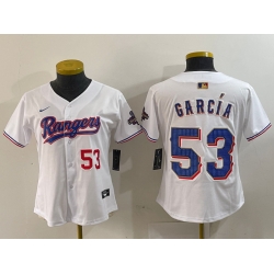 Women Texas Rangers 53 Adolis Garcia White Gold Stitched Baseball Jersey 1