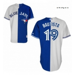 Mens Majestic Toronto Blue Jays 19 Jose Bautista Replica BlueWhite Split Fashion MLB Jersey