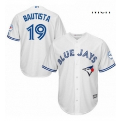 Mens Majestic Toronto Blue Jays 19 Jose Bautista Replica White Home 40th Anniversary Patch MLB Jersey