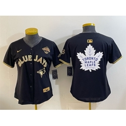 Women Toronto Blue Jays  26 Leafs Black Gold 2025 American League Champions With White Leafs Logo Limited Stitched Baseball Jersey 