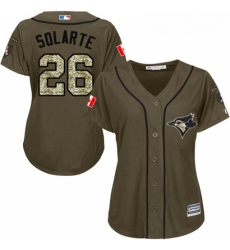 Womens Majestic Toronto Blue Jays 26 Yangervis Solarte Replica Green Salute to Service MLB Jersey 