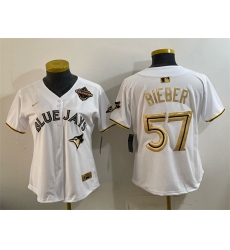 Youth Toronto Blue Jays 57 Shane Bieber White Gold 2025 American League Champions Limited Stitched Baseball Jersey Youth Toronto Blue Jays 57 Shane Bieber White Gold 2025 American League Champions Limited Stitched Baseball Jersey