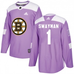 Men Boston Bruins 1 Jeremy Swayman Adidas Authentic Fights Cancer Practice Jersey   Purple