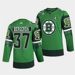 Men Boston Bruins 37 Patrice Bergeron 2022 Green St Patricks Day Warm Up Stitched jersey