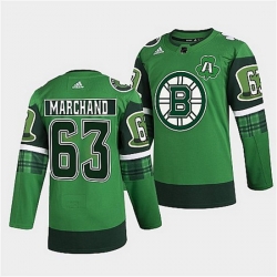 Men Boston Bruins 63 Brad Marchand 2022 Green St Patricks Day Warm Up Stitched jersey