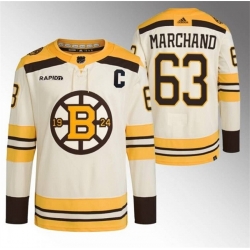 Men Boston Bruins 63 Brad Marchand Cream With Rapid7 Patch 100th Anniversary Stitched Jersey