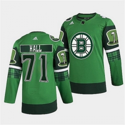 Men Boston Bruins 71 Taylor Hall 2022 Green St Patricks Day Warm Up Stitched jersey