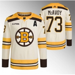 Men Boston Bruins 73 Charlie McAvoy Cream With Rapid7 Patch 100th Anniversary Stitched Jersey