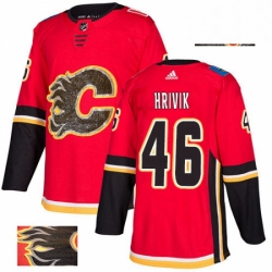 Mens Adidas Calgary Flames 46 Marek Hrivik Authentic Red Fashion Gold NHL Jersey 