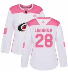 Womens Adidas Carolina Hurricanes 28 Elias Lindholm Authentic WhitePink Fashion NHL Jersey 