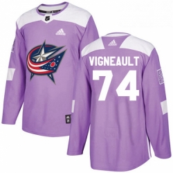 Mens Adidas Columbus Blue Jackets 74 Sam Vigneault Authentic Purple Fights Cancer Practice NHL Jersey 