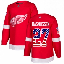 Mens Adidas Detroit Red Wings 27 Michael Rasmussen Authentic Red USA Flag Fashion NHL Jersey 