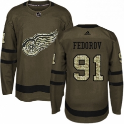 Mens Adidas Detroit Red Wings 91 Sergei Fedorov Premier Green Salute to Service NHL Jersey 