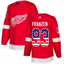 Mens Adidas Detroit Red Wings 93 Johan Franzen Authentic Red USA Flag Fashion NHL Jersey 