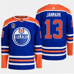 Men Edmonton Oilers 13 Mattias Janmark Royal 2024 Stanley Cup Final Patch Stitched Jersey